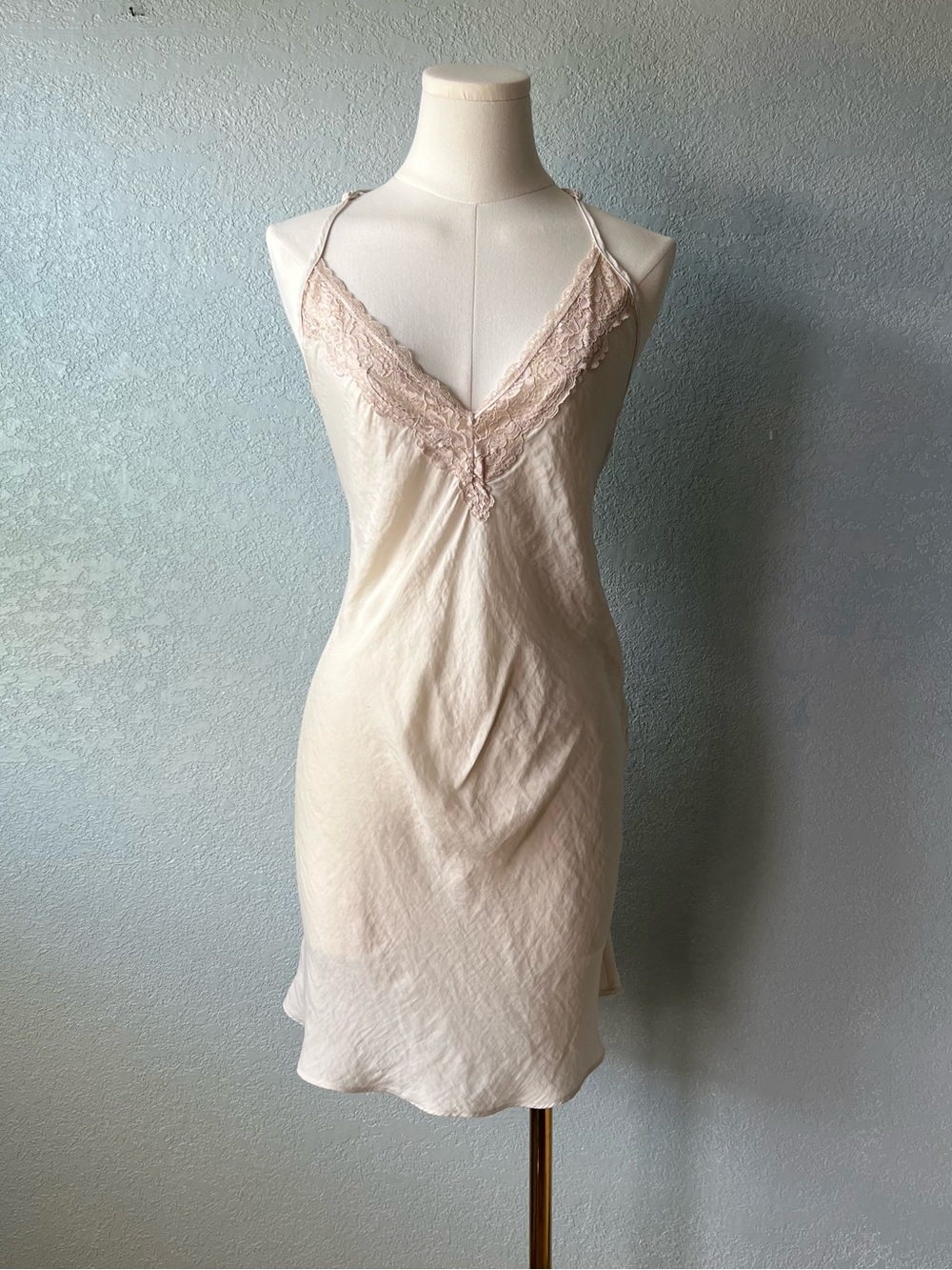 Cream Satin Slip Dress Lace Backless Strappy Y2K Coquette Midi Dress L